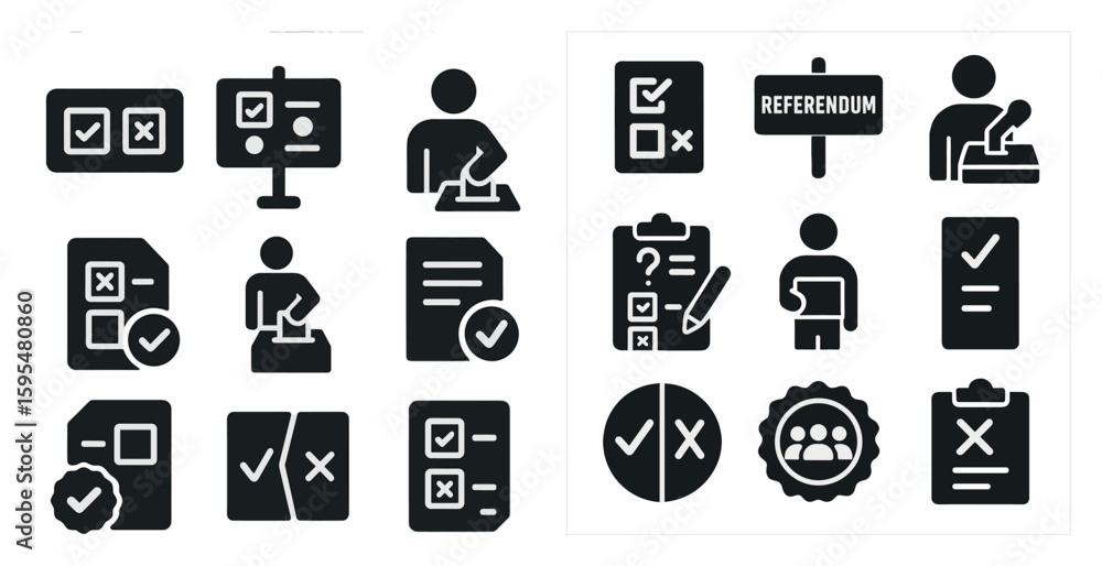 Poster set of icons for a voting system. the icons include a person checking a box, a person writing with a