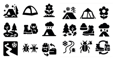 Collection of icons for outdoor activities such as camping, hiking, and bug-catching. The icons include a tent, a backpack, a bug, a flower, and a tree