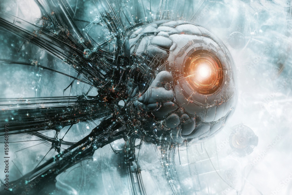 Poster exploration of a cybernetic brain with neural network capabilities in a futuristic setting, cybernet