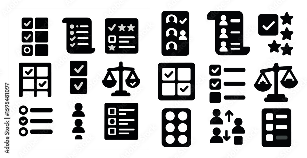 Poster set of black and white icons, including a scale, a check mark, and a star. the icons are arranged in
