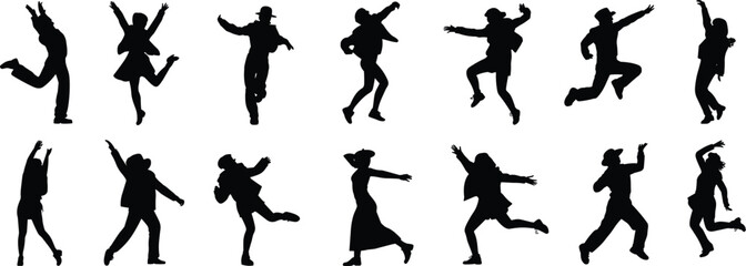 Group of people in silhouette standing and gesturing, black vector illustration for communication, lifestyle, expression, social interaction, stock design