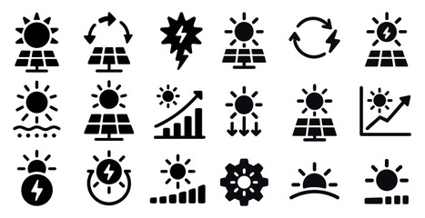 Collection of black and white icons that represent the sun and solar energy. The icons include a sun, a solar panel, a power grid, and a graph. Scene is one of optimism and sustainability