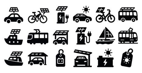 Collection of black and white icons for various modes of transportation, including cars, buses, boats, and bicycles