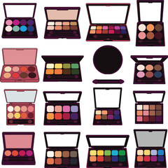 Comprehensive Makeup Palette & Cosmetic Icon Set with Eyeshadows, Lipsticks for Beauty, Fashion & Cosmetics Industry – Vector Graphic.