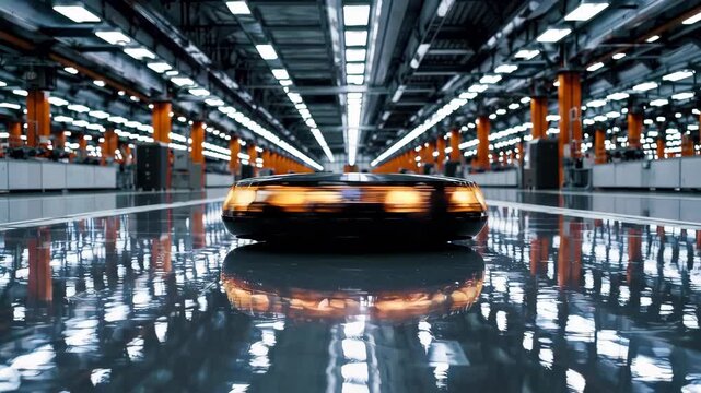 Futuristic hovering car gliding through reflective industrial facility, symbolizing next-gen automotive design, innovation, and sleek high-speed technology in dynamic motion