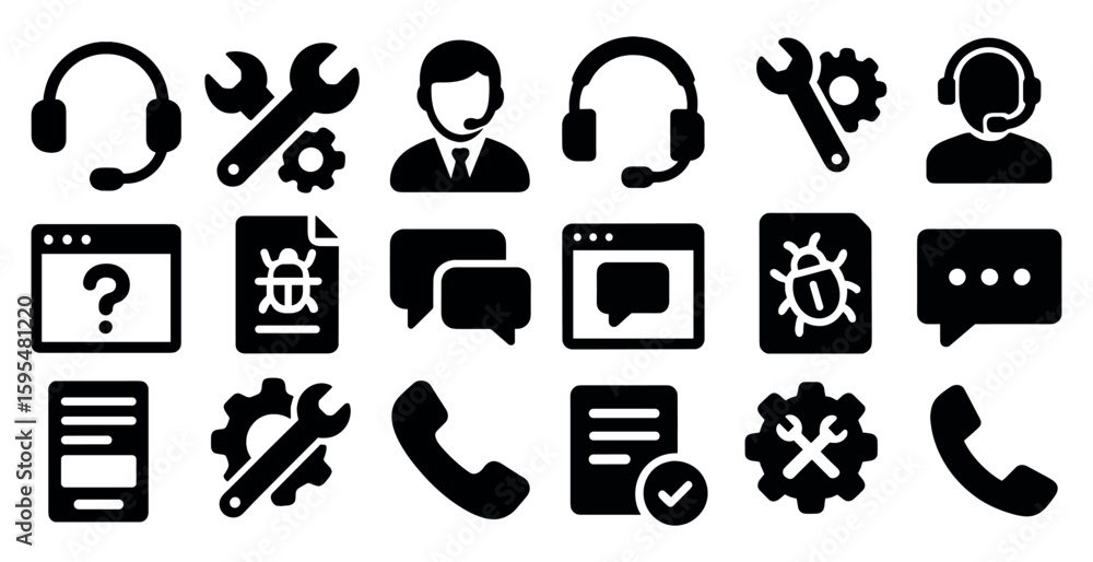 Poster collection of icons for various computer-related tasks, including a phone, a keyboard, and a mouse