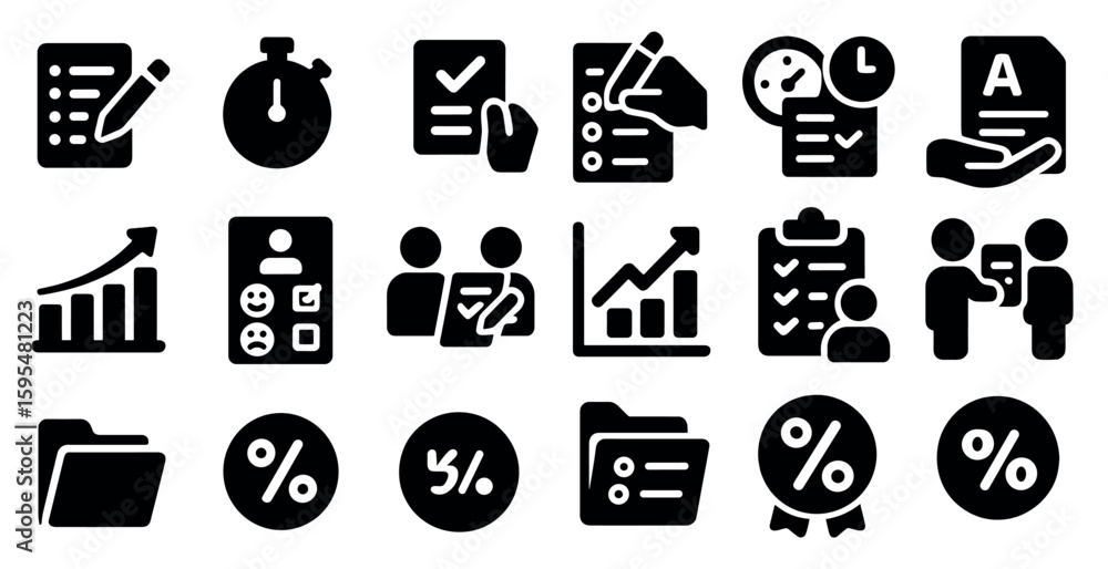 Poster collection of black and white icons that represent various tasks and concepts. the icons include a c