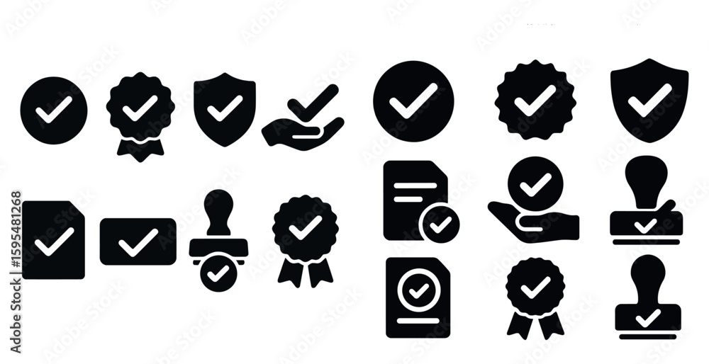 Poster collection of black and white icons that represent various forms of approval or certification. the i