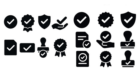 Collection of black and white icons that represent various forms of approval or certification. The icons include a checkmark, a shield, a stamp, and a hand. Scene is one of trust and reliability