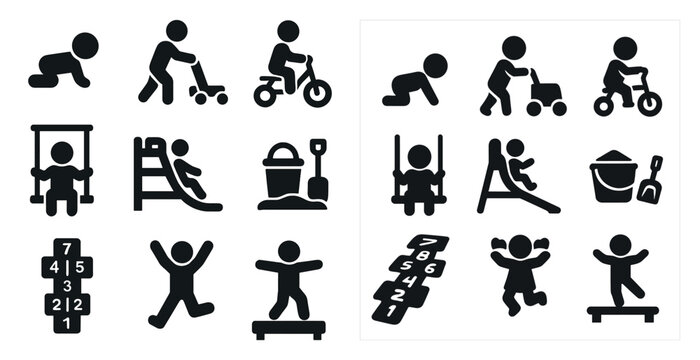 Collection of children playing in a park. The children are playing on swings, a slide, and a trampoline