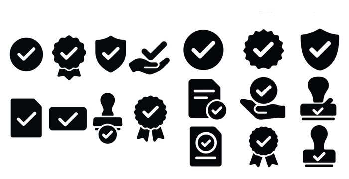 Collection of black and white icons that represent various forms of approval or certification. The icons include a checkmark, a shield, a stamp, and a hand. Scene is one of trust and reliability