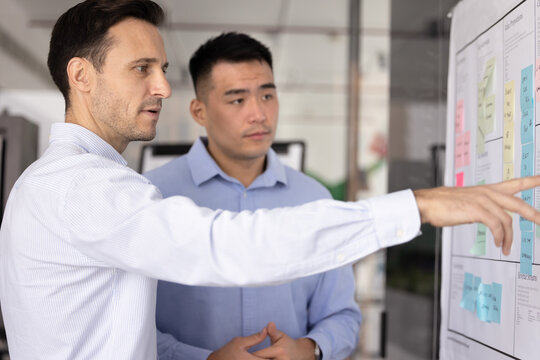Two colleagues take part in project planning using large visual white board in workspace, reviewing goals, timelines and responsibilities using workflow board. Task prioritization, to-do list, agenda