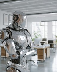 Fototapeta premium Futuristic Robot Standing in Modern Office with Natural Light