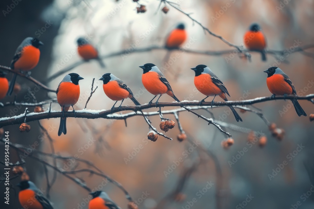 Poster flock of vibrant red bullfinches perched on branches in a tranquil forest setting during twilight, f