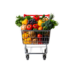 Shopping cart filled with fresh fruits and vegetables on transparent background