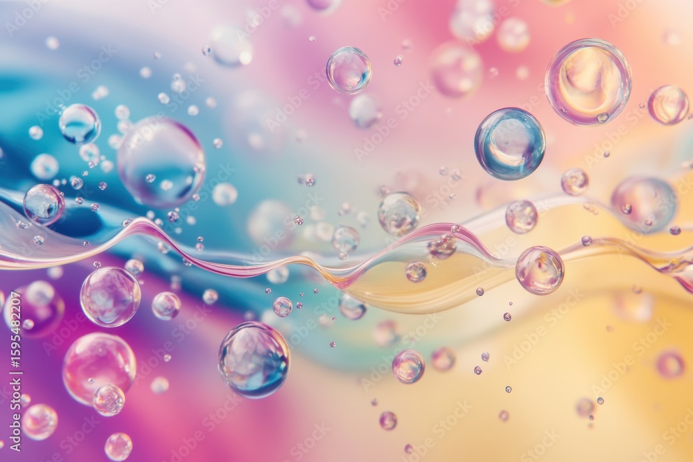 Poster molecules interacting over a vibrant and colorful background with smooth wave movements, molecules m