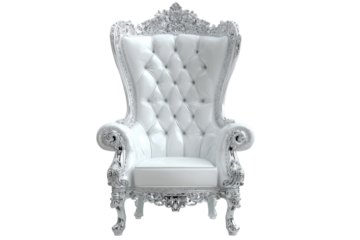 Elegant white throne chair in luxurious setting home decor photography. Isolated on transparent background, png.