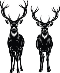 Majestic deer vector silhouettes, standing elegant stags, nature wildlife illustration, black and white design, antler artwork, Adobe Stock graphic