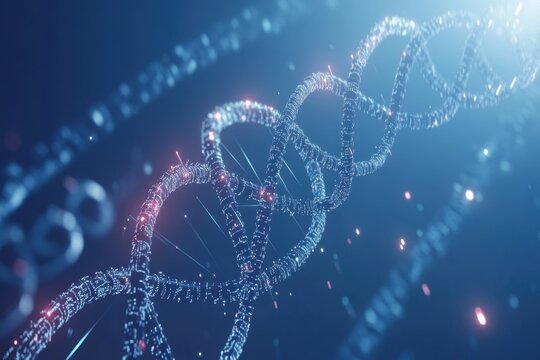 Spinning dna strand with data processing on a blue background, dna strand spinning and data processing on blue background