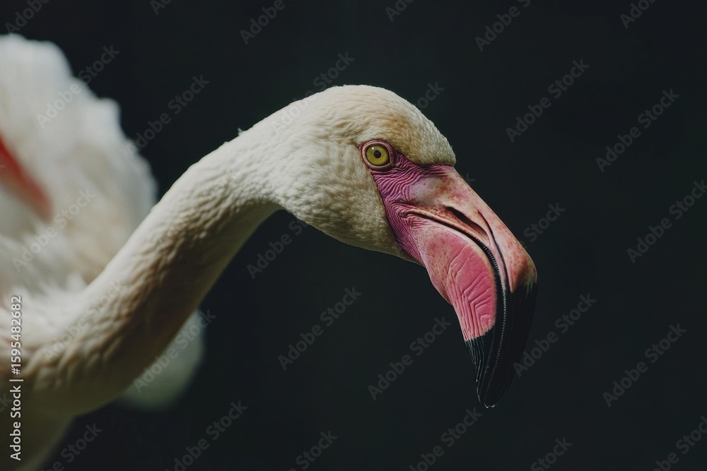 Poster flamingo head captured in rapid movement showcasing vivid colors and unique features, close up of fl