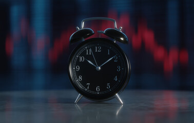 Dark Themed Alarm Clock Sitting On Tabletop With Blue And Red Light Wave Graph Background