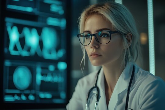 Caucasian female medical professional analyzing data in a modern laboratory setting, statistics and data processing over caucasian female doctor