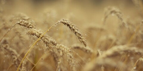 Fototapeta premium Golden wheat ears adorned with sparkling water droplets, a serene natural scene.