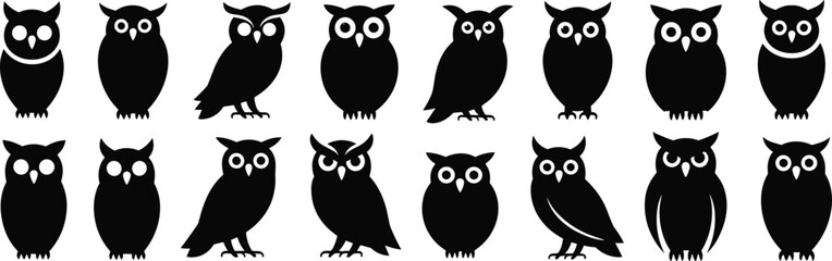 Owl silhouette icons collection, nocturnal bird vector set, wildlife graphic design, black and white animal clipart, nature themed illustration