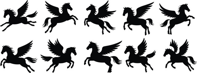 Pegasus silhouettes in flight and standing poses, mythical winged horse collection, fantasy vector artwork for legend, magic, tattoo, stock design