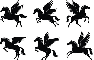 Obraz premium Pegasus silhouettes in magical flying and running poses, legendary winged horse vector design for mythology, fantasy, tattoo, gaming, stock illustration