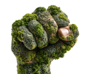 Eco-friendly protest fist nature digital art indoor close-up. Isolated on transparent background, png.