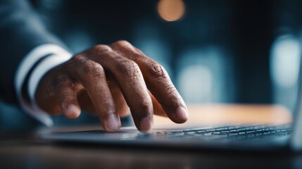 The hand of a businessman pressing a laptop keyboard on a table, a symbol of productivity, Ai Generated