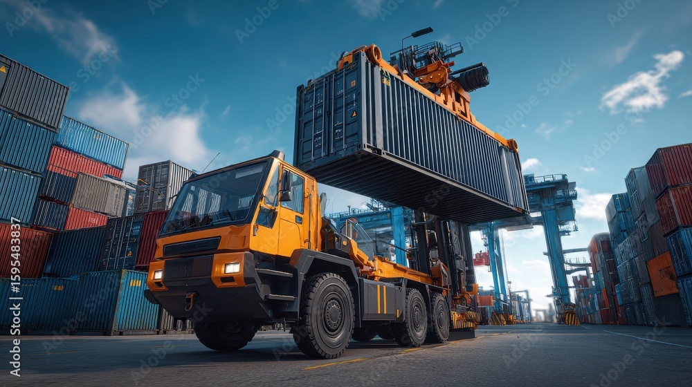 Poster efficient container transportation a crane loading cargo onto a truck in a shipping yard with stacke