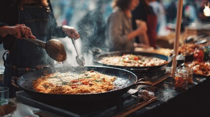 Fototapeta premium young women friends choose cooking dessert on hot pan at downtown street food city, delicious food serve for tourist