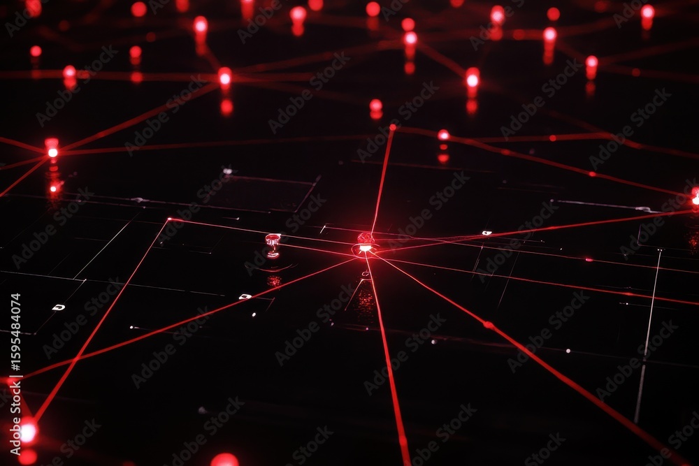 Poster scanning network connections with laser precision over a dark background, scope scanning over networ