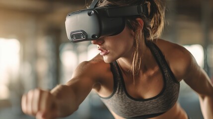 Young woman engages in a virtual reality fitness activity using a VR headset, Generative AI