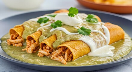  A plate of chicken enchiladas suizas, chicken enchiladas smothered in a creamy tomatillo sauce, 