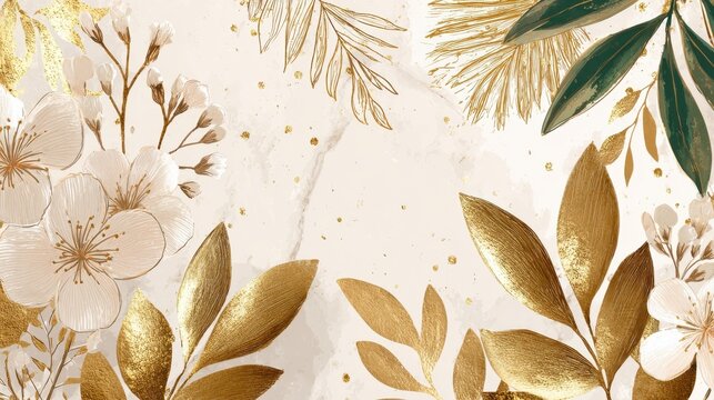 Winter background vector. Hand painted watercolor and gold brush texture, Flower and botanical leaves hand drawing. Abstract art design for wallpaper, wall arts, cover, wedding and invite card., no l