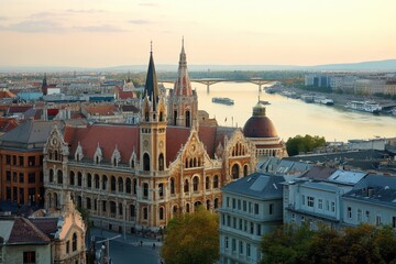 Fototapeta premium Exploring the vibrant atmosphere of Budapest's main market hall at dusk, View across the main market hall in Budapest, Hungary