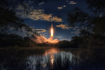 Space shuttle launches into the night sky above tranquil waters and surrounding foliage, Space Shuttle Launch