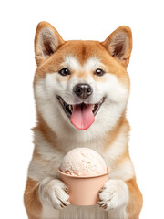 A cheerful Shiba Inu is holding a cup of ice cream, isolated on a transparent background.