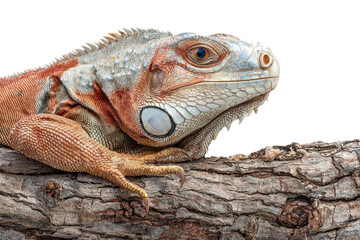 Fototapeta premium Iguana resting on tree branch studio wildlife photography close-up. Isolated on transparent background, png.