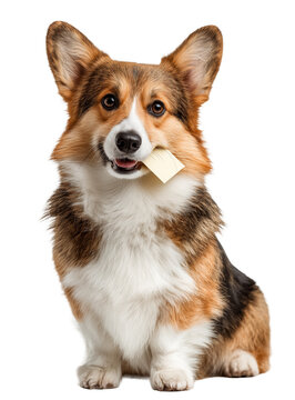 A Corgi dog, sitting upright, is holding a sticky note in its mouth, isolated on a transparent background.