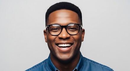 Close up portrait of a happy black man wearing glasses and a denim shirt