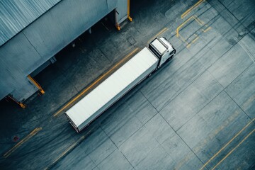 View of a semitrailer truck traveling on a warehouse loading area from above, Aerial top down view of a semi-trailer truck travelling along a modern warehouse