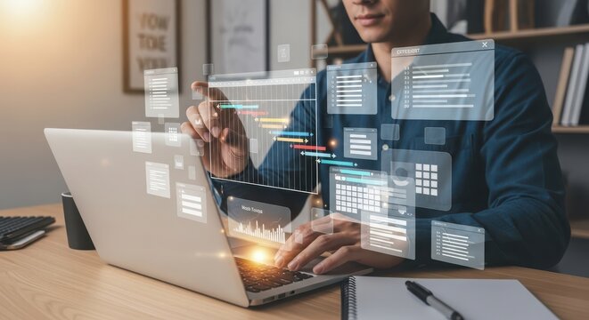 Modern Businessman Analyzing Data on Laptop with Futuristic Holographic Interface