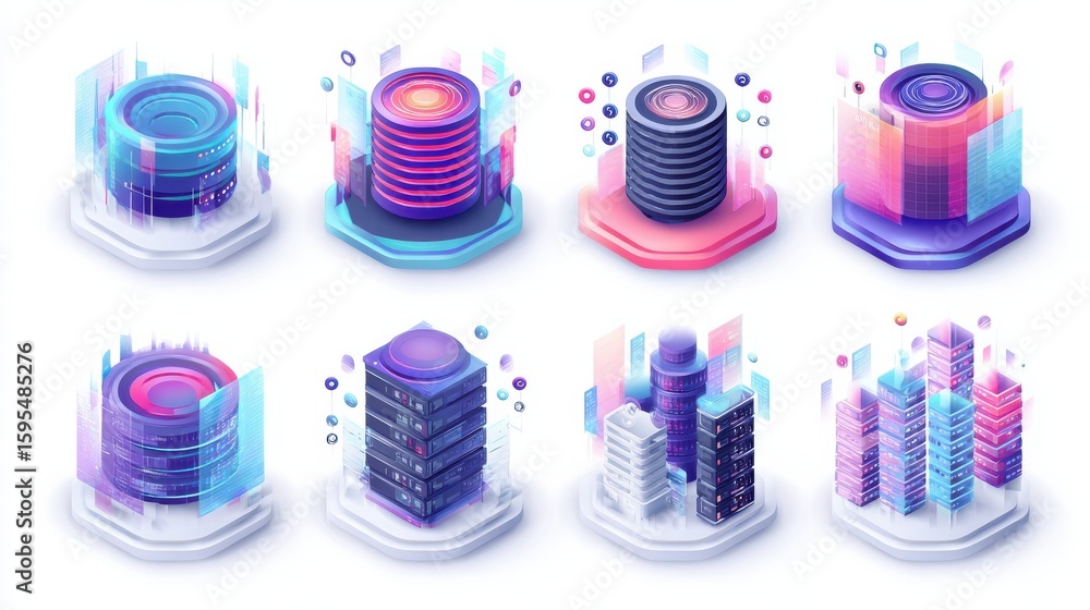 Poster database security abstract concept vector illustration set. big data storage, big data engineering, 