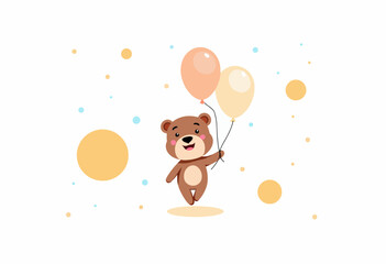 Cute bear holding balloons in pastel colors against white background  
