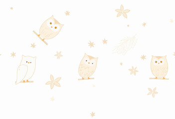 Cute owls illustrated with stars and leaves in soft pastel colors  