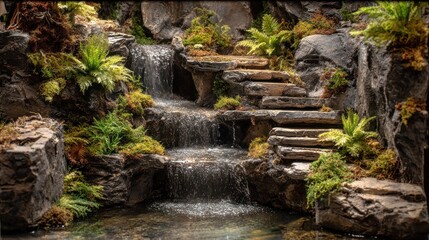 Exquisite miniature waterfall cascading over natural stone with lush vegetation